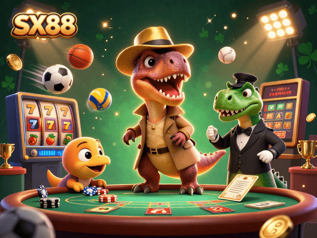 SX88 velociraptor card counter at blackjack table, surrounded by dynamic casino elements.