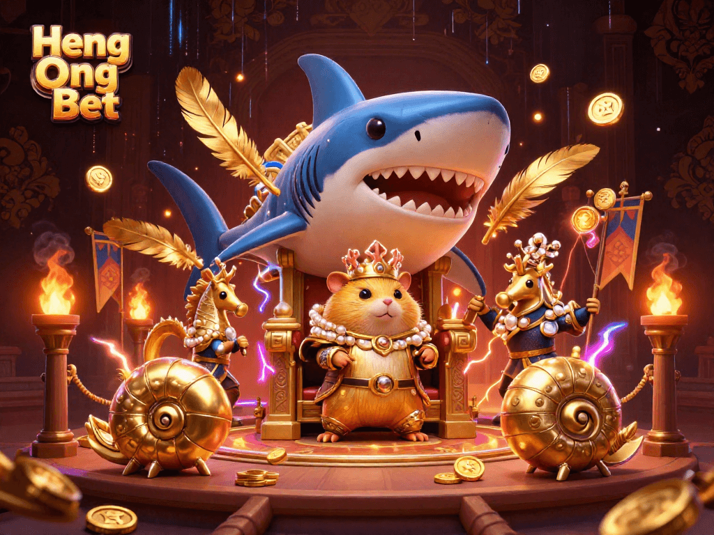 Engage with Heng Ong Bet through a vibrant 3D casino scene featuring a golden hamster king and rich gambling elements.