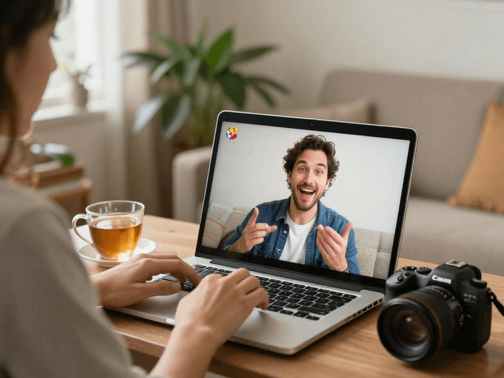 Engaging in a random chat via video call in a cozy home setup with warm lighting.