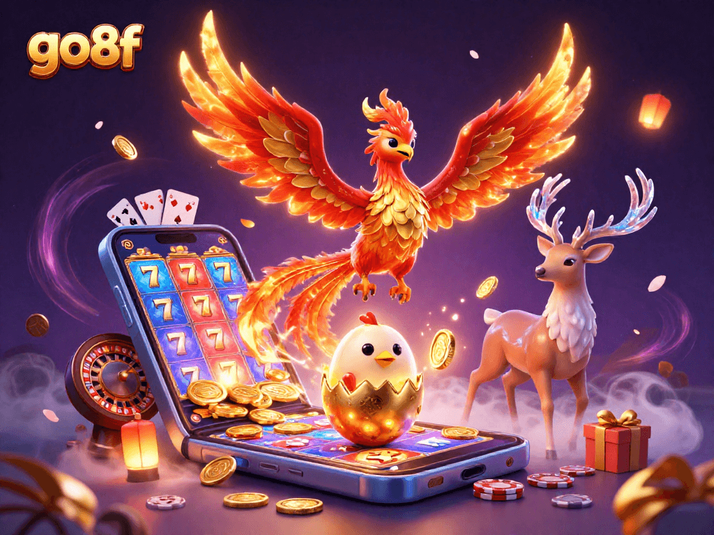 Win big at go8f with colorful slot games and vibrant casino elements illustrated.