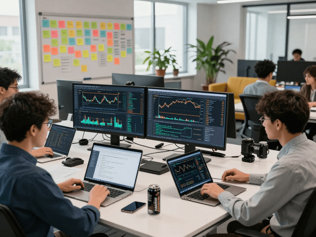 Team of developers collaborating on a multi-contract futures batch API in a high-tech workspace, analyzing real-time market data.