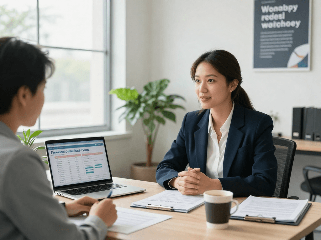 Client receiving credit consolidation advice in a professional office environment.