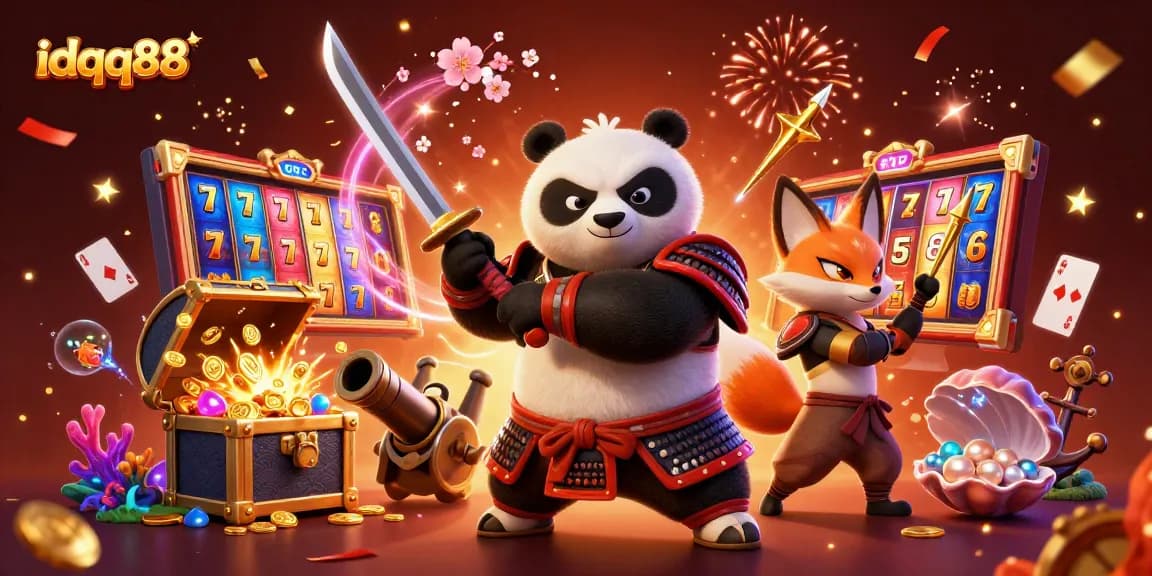 Win big with idqq88 while enjoying vibrant slot games featuring samurai panda and ninja fox.