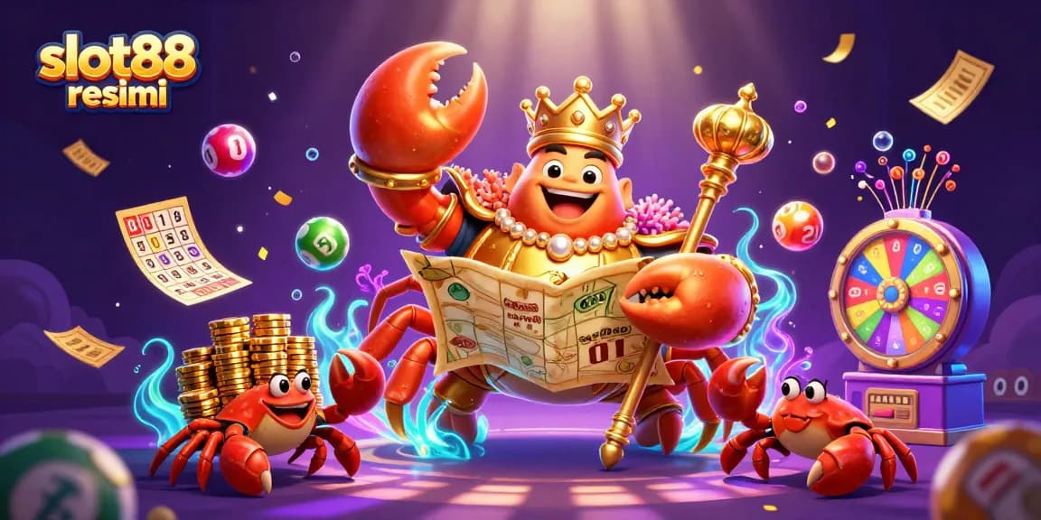 Engage with slot88 resmi featuring a cartoon crab emperor amid vibrant gambling elements.