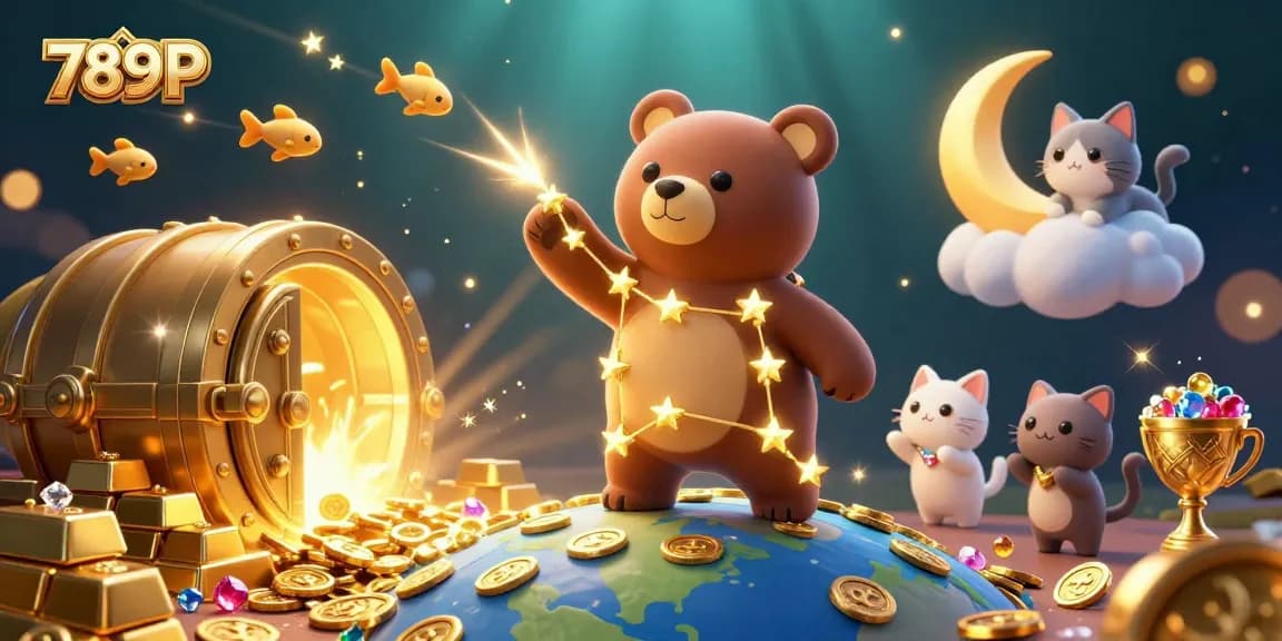 Join the adventure at 789P as the constellation bear scoops coins from Earth in an enchanting casino scene.