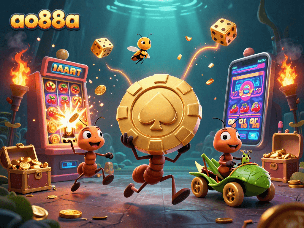 Engage in thrilling gameplay at ao88a with an adventurous illustration of ants on a casino heist.