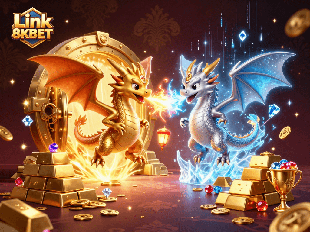 Engage with Link 8KBET and explore the dynamic 3D scene of dragons, treasure, and vibrant casino elements.