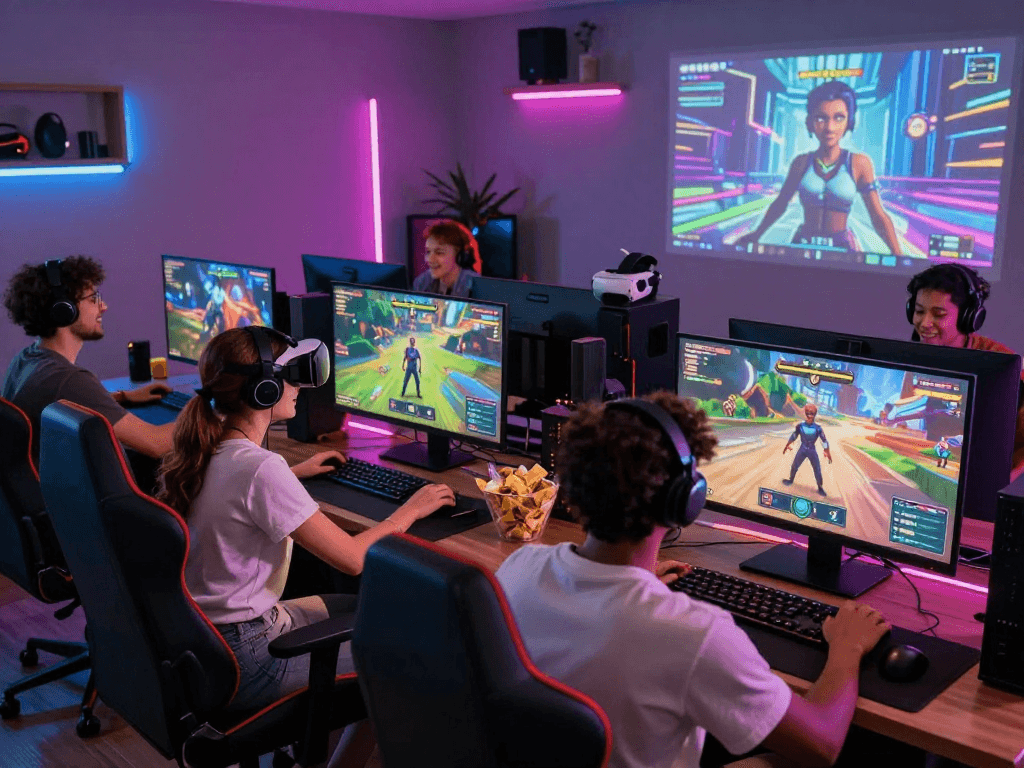 Players enjoying a vibrant porn game session in a cozy gaming room.