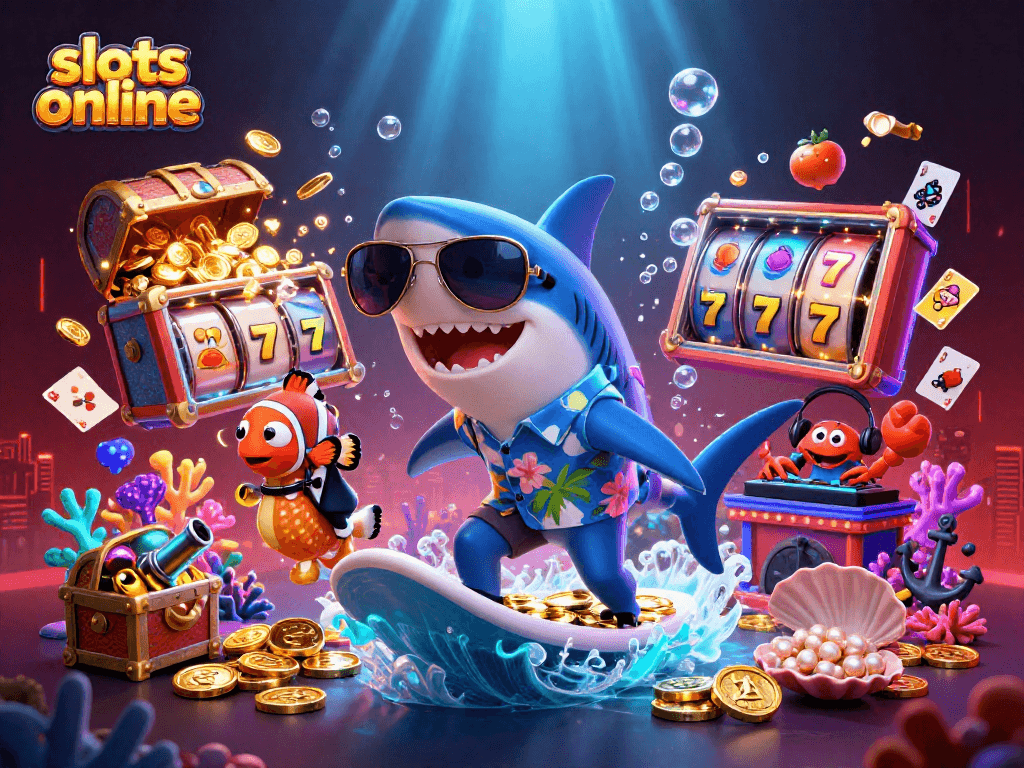 Experience the thrill of slots online with a vibrant 3D scene featuring a shark surfing gold coins amidst slot reels and playful ocean creatures.