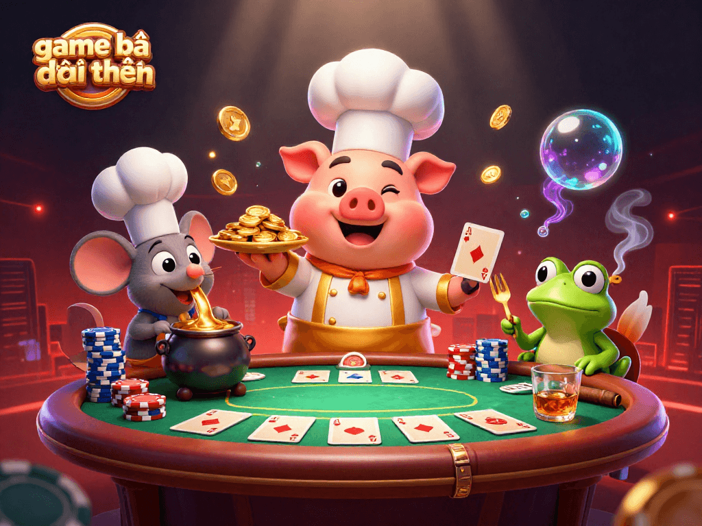 Engage in game bài đổi thưởng with a lively scene of a chef pig and friends at a poker table.