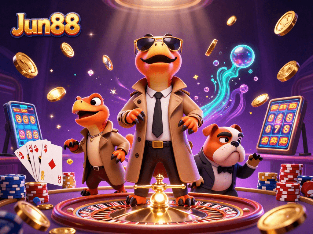 Experience thrills at Jun88 casino with raptors sneaking into a VIP lounge amidst dazzling game elements.