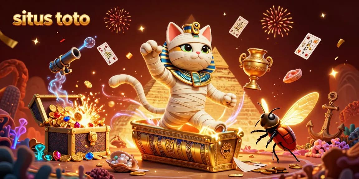 Permainan situs toto dengan karakter kucing mumia dan kartu hieroglif di kasino piramida.