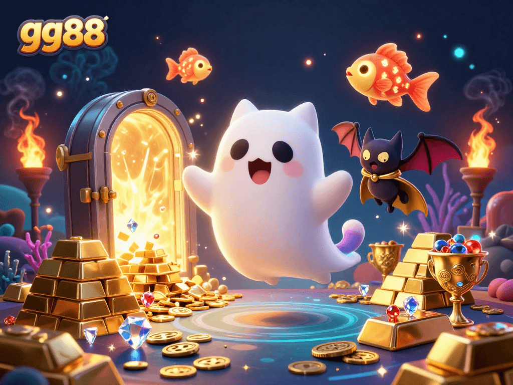Experience thrilling underwater adventures in gg88 with vibrant ghost cat and bat companions.