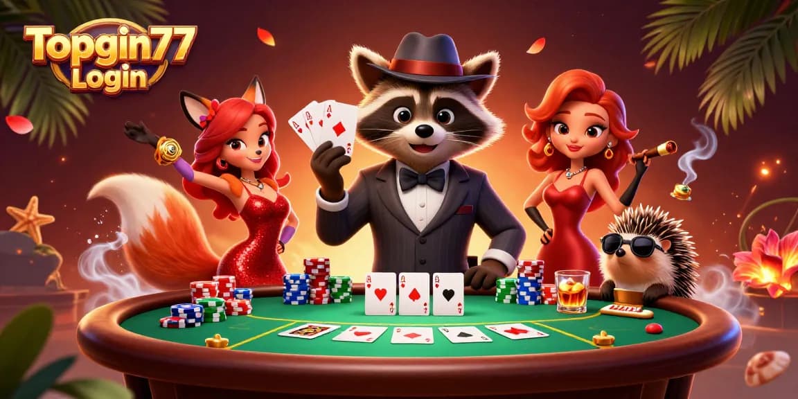 Topgun77 Login dengan karakter kartun rakun yang percaya diri di meja poker yang megah, menambah semangat permainan.