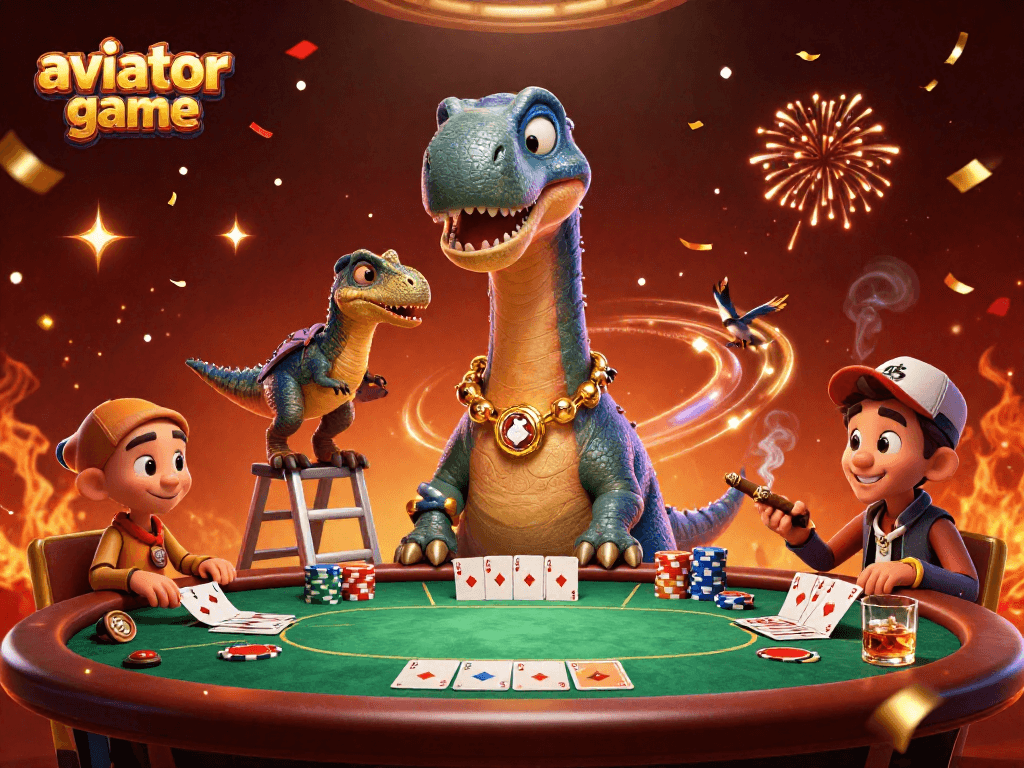 Engage in the thrilling aviator game with a fun cartoon dinosaur scene in a vibrant casino