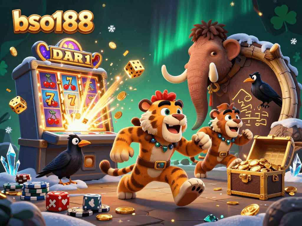 Experience thrilling casino excitement with bso188's vibrant 3D cartoon representation of a prehistoric casino scene.