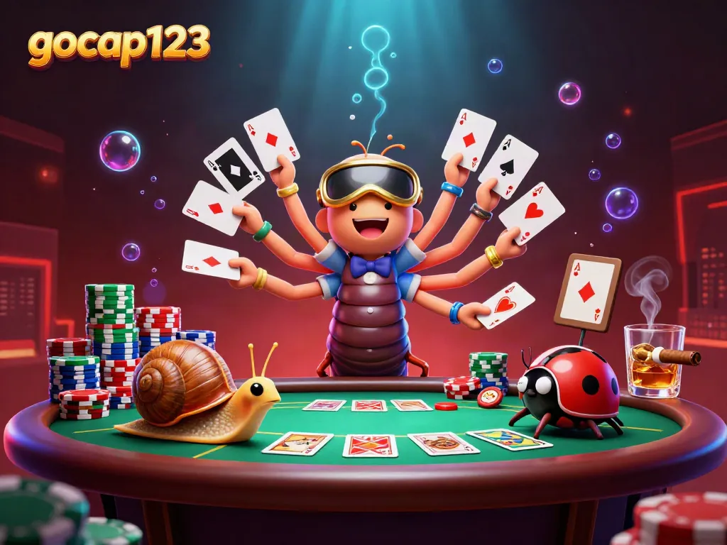 Gocap123 menghadirkan suasana kasino yang seru dan penuh aksi dengan dealer kartun dan karakter unik lainnya.