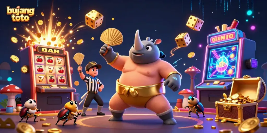 Experience the thrill of bujang toto with a dynamic casino scene featuring animated characters and exciting game elements.