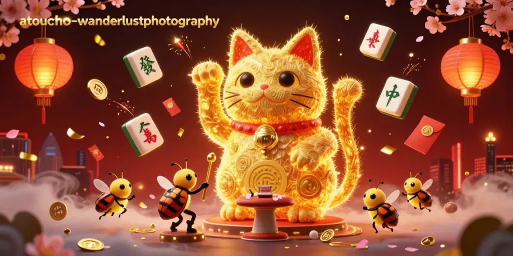 Experience luck and excitement with the atouchofwanderlustphotography lucky cat illustration bursting with casino elements.