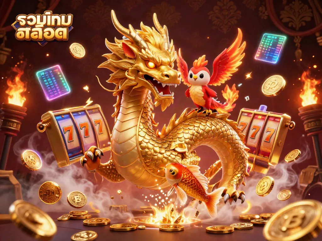 Experience vibrant action in รวมเกมสล็อต featuring a fierce dragon, phoenix, and koi fish amidst thrilling slot elements.