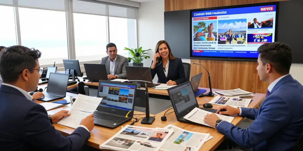 Canarian news journalists engaged in dynamic reporting within a modern newsroom setting.