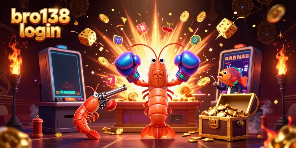 This vibrant illustration showcases the bro138 login scene with characters celebrating a jackpot in a colorful casino.