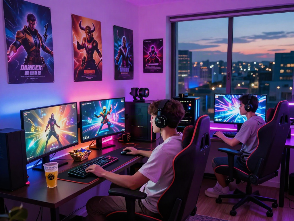 Gamer enjoying engaging porngames in a vibrant gaming setup with LED lights.