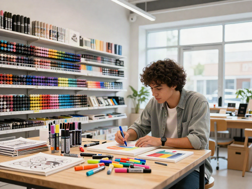 Artist exploring vibrant colors and markers wholesale in a bright art supply store.