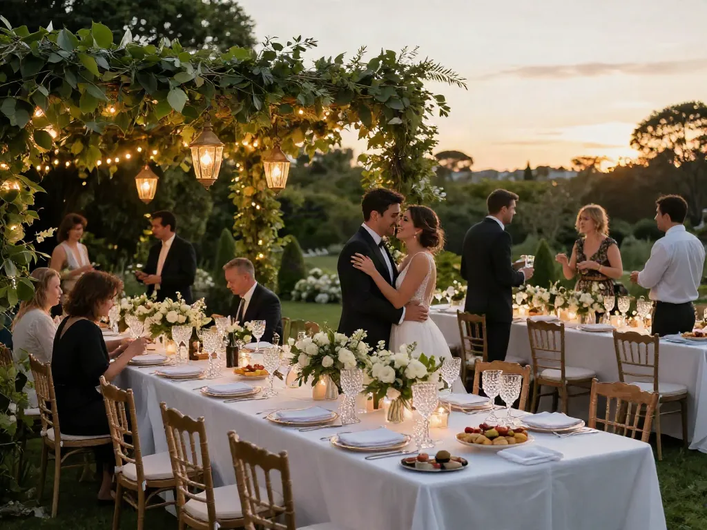Event rental ksa showcasing an elegant outdoor wedding setup with fine dining, floral decor, and joyful couple under warm sunset.