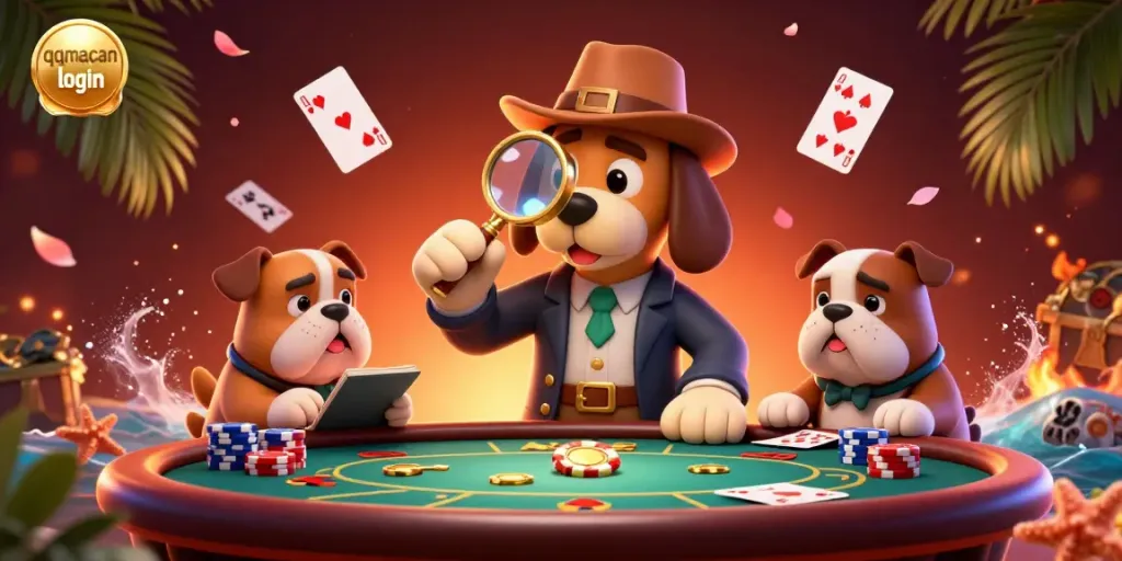 Engage in thrilling poker games at qqmacan login with cartoon detective characters examining clues.