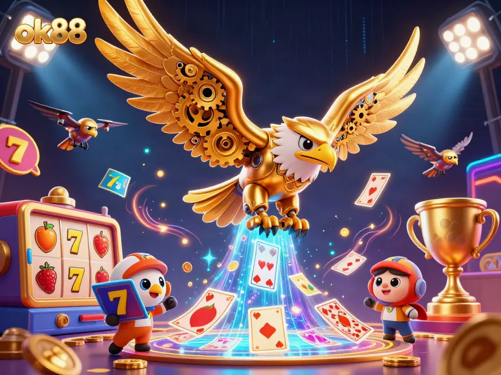 Experience captivating gameplay at ok88 with a cybernetic eagle amidst slot reels and dynamic casino elements.