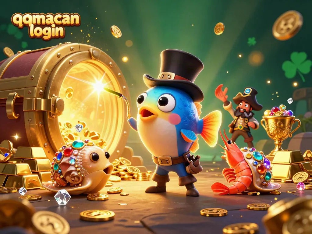 Experience thrilling gameplay with QQMacan login, featuring captivating deep-sea characters amidst treasure and vibrant casino elements.