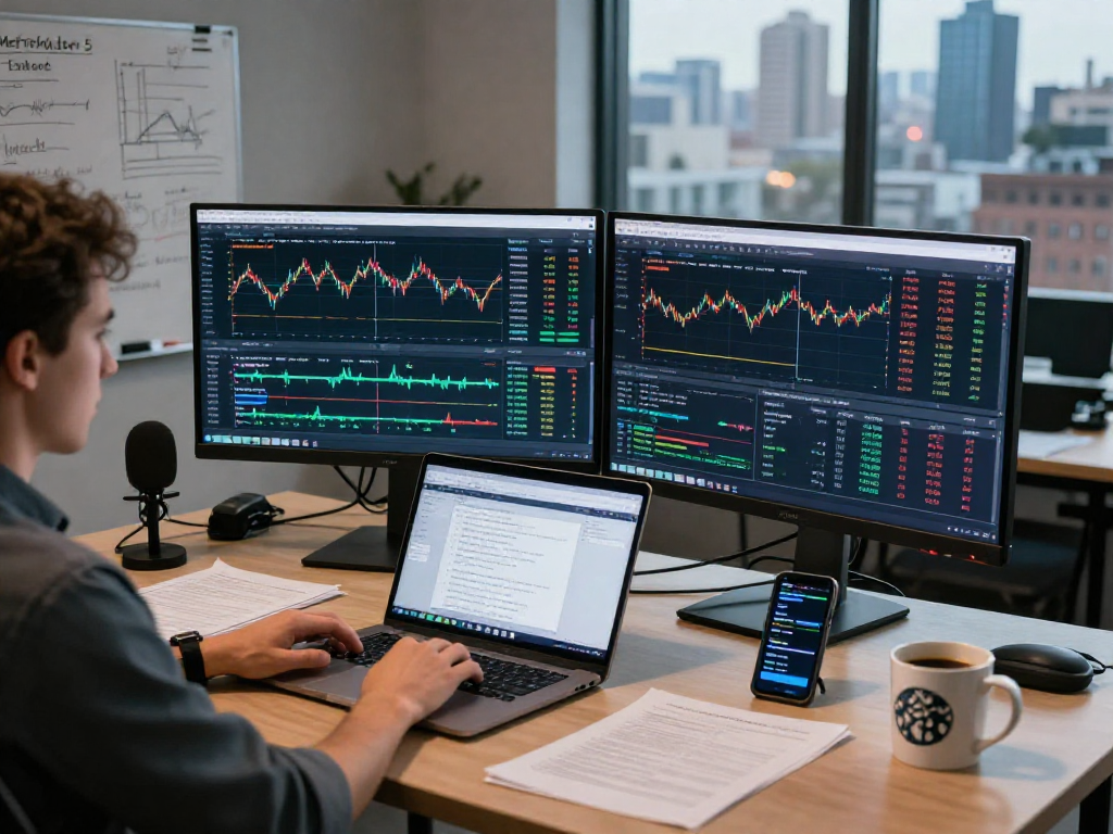 Trader using MetaTrader 5 in a modern workspace, analyzing market data on multiple screens.