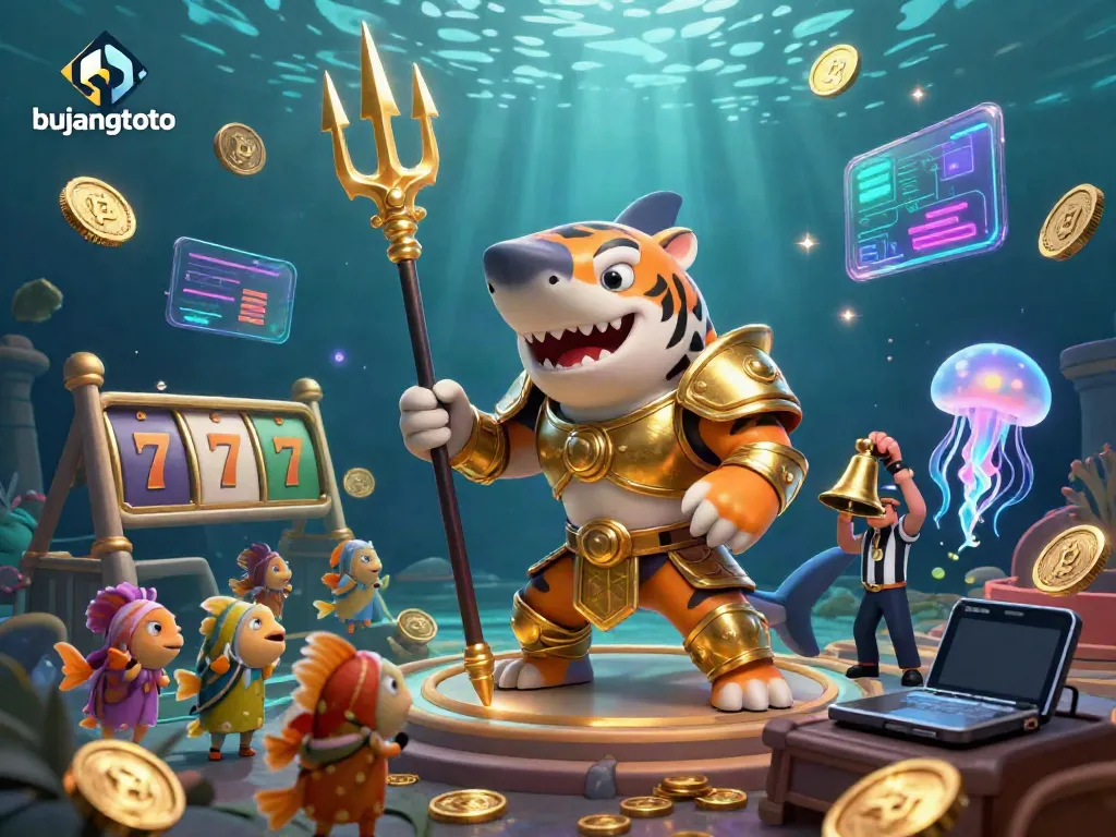 Engage with bujangtoto's vibrant underwater casino featuring a fierce tiger shark and glowing crypto coins.