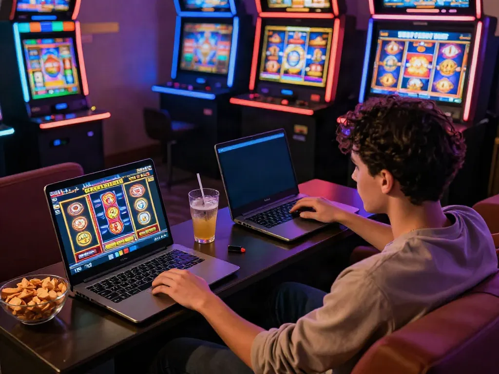 Player enjoying situs slot gacor thailand games on laptop and mobile in a vibrant gaming setup.
