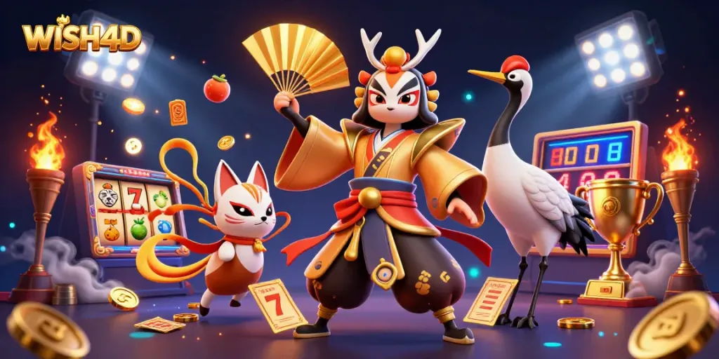 Experience WISH4D with dynamic slots gaming elements and energetic characters in a 3D illustration.