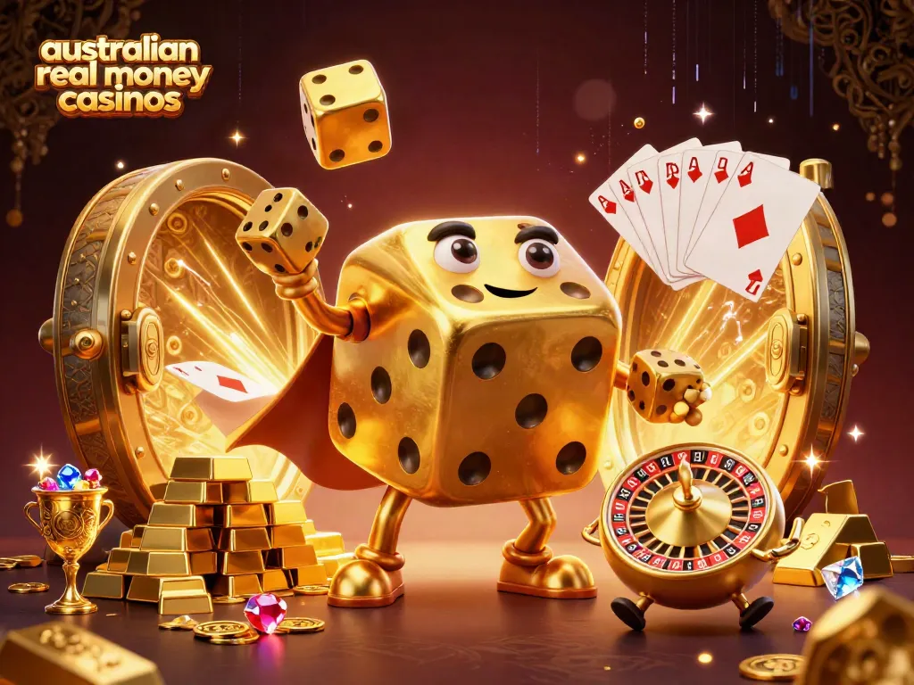 Explore vibrant gaming adventure at australian real money casinos with a dazzling 3D casino illustration.