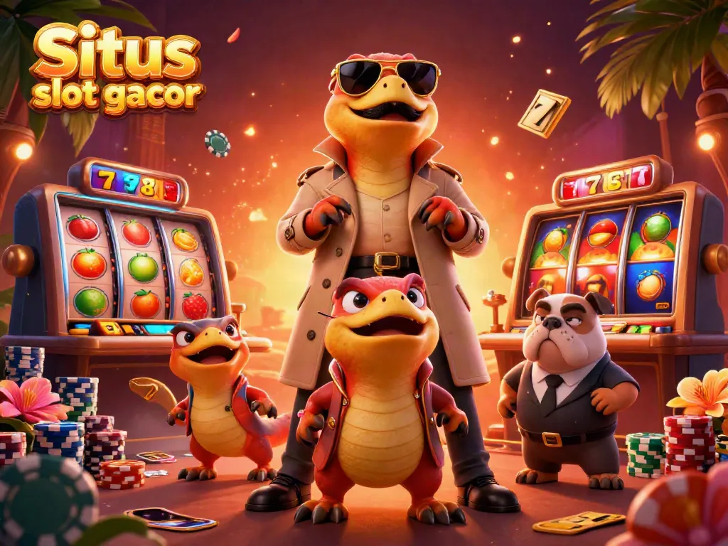 Situs slot gacor showcases raptors in a trench coat entering a vibrant casino scene with slot reels and poker chips.