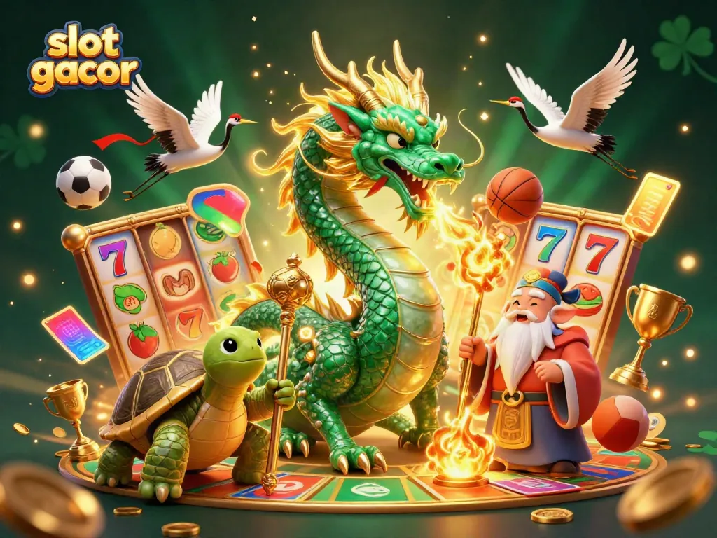 Engage with slot gacor as an emerald jade dragon breathes fire, surrounded by vibrant casino elements.