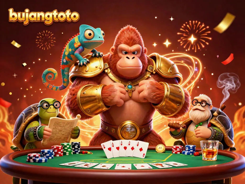 Bujangtoto gaming scene with a gorilla king, a chameleon spy, and a tortoise elder celebrating at a vibrant poker table.