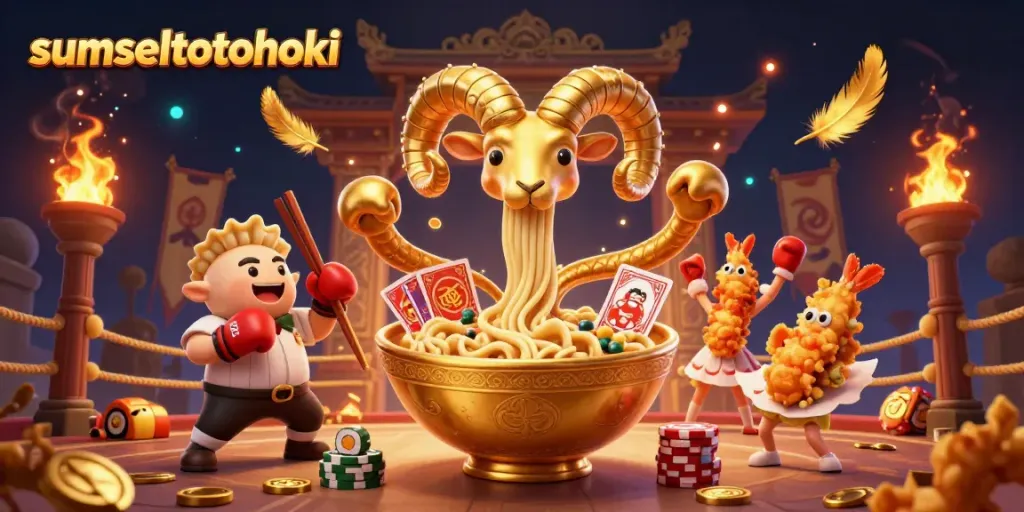 Engaging scene of a golden ramen bowl with noodle arms dealing cards at sumseltotohoki online casino.