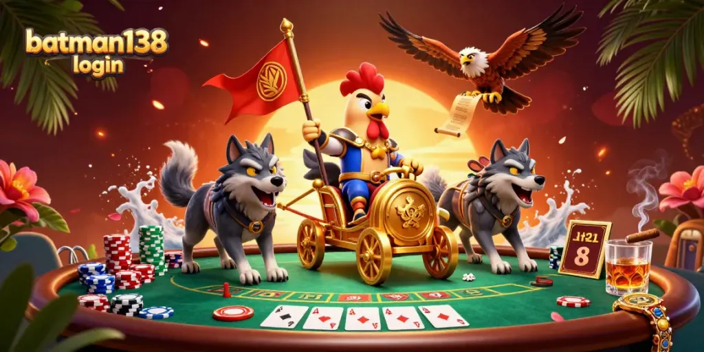 Engage in the thrilling batman138 login experience with a colorful poker scene featuring a rooster warlord.