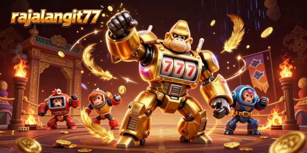 Permainan slot seru di rajalangit77 dengan karakter gorila robot dan koin berserakan.