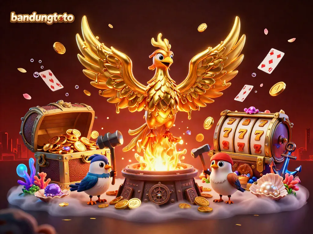 Spin the reels of bandungtoto with a dynamic 3D golden phoenix illustration and vibrant casino elements.