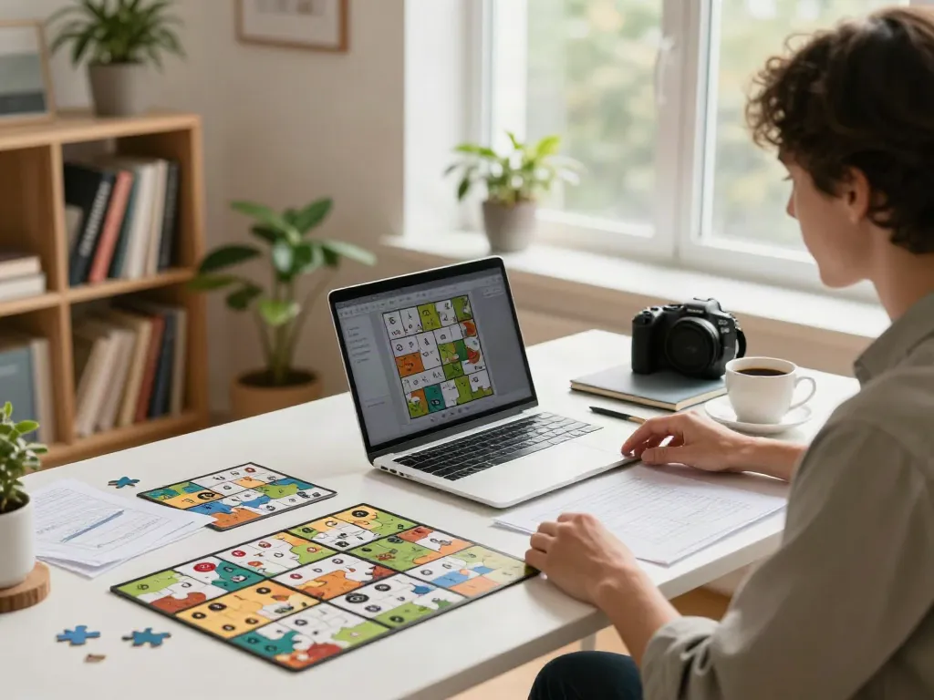 Engaging home office scene around sudoku puzzles, portraying the essence of sudoque.net.