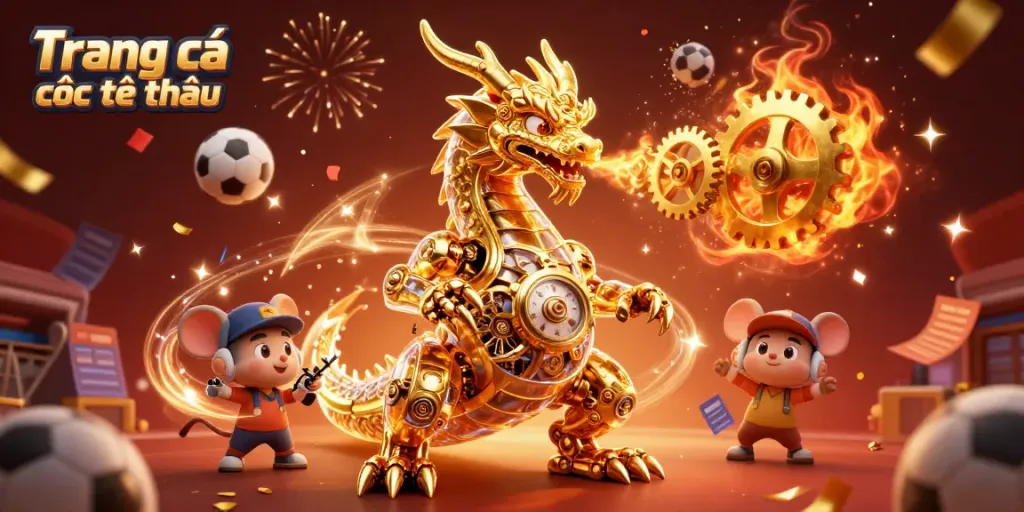 Engage in Trang cá cược thể thao with an illustration of a golden dragon breathing gears, surrounded by sports elements.