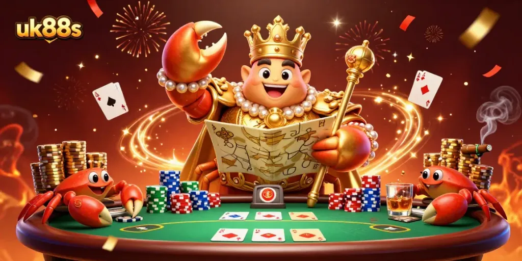 Engage with uk88s through a vibrant casino scene featuring a golden crab emperor and poker elements.