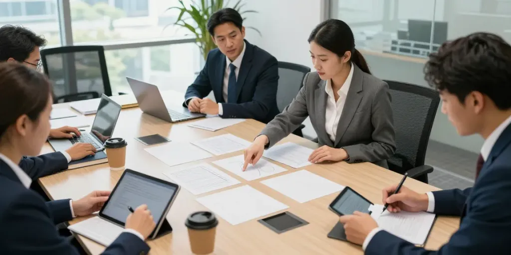 Karen McCleave attorney collaborating with team in a modern legal office