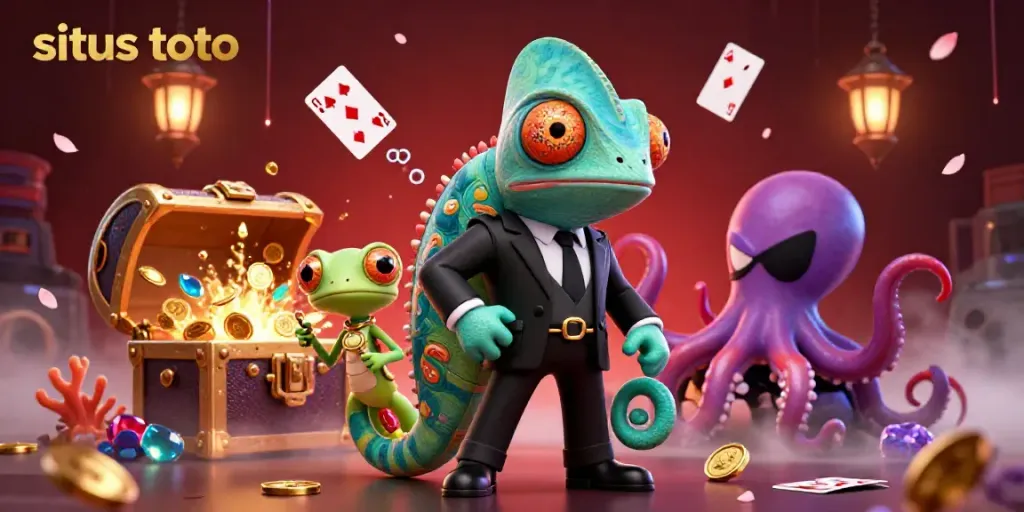 Experience the thrill of situs toto with vibrant characters and casino elements in a dynamic 3D digital illustration.