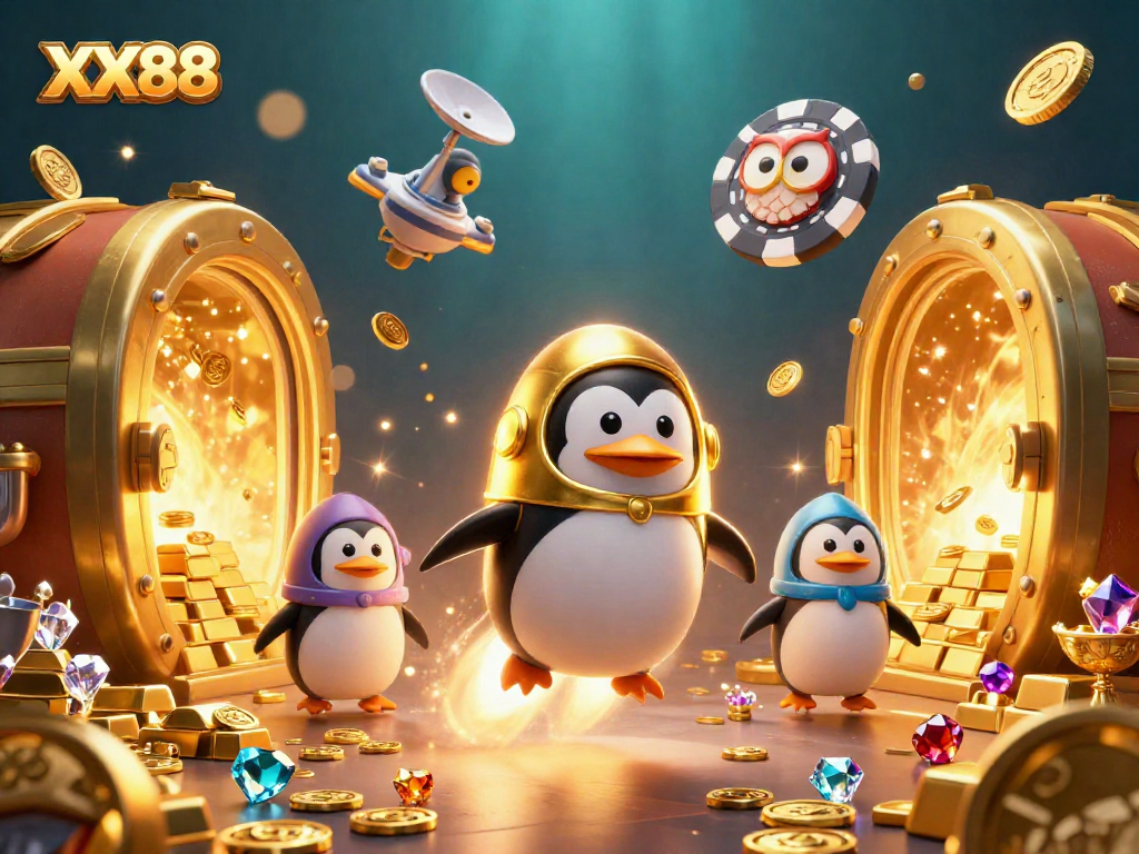 Experience the excitement at XX88 with a golden penguin racing towards the casino space station.